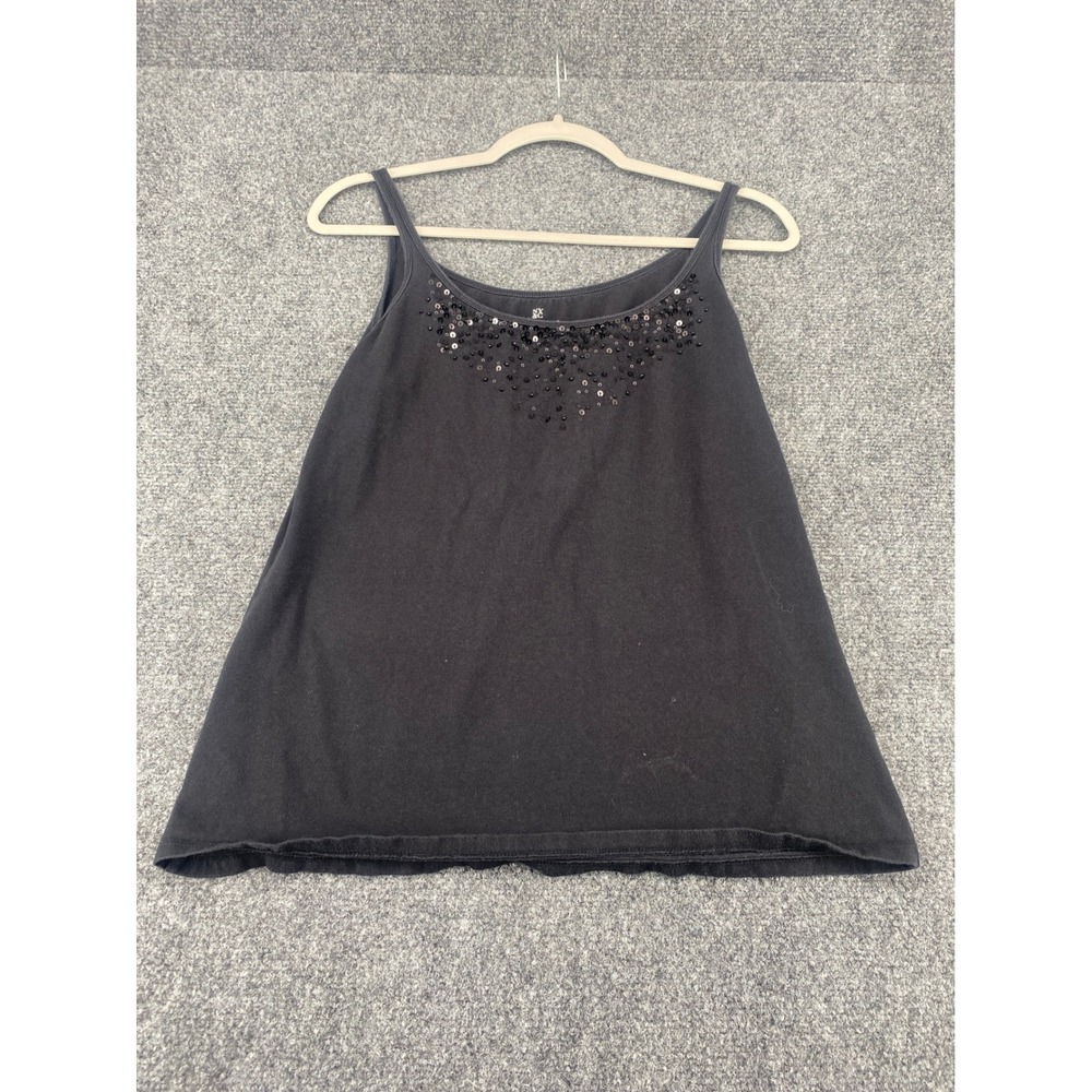 NY&C New York & Company Sequin Tank Top Women L Black Cotton Blend Scoop Neck